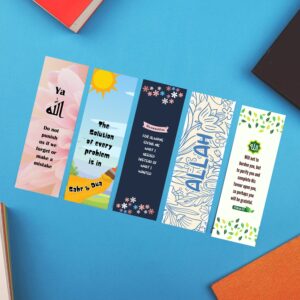 A collection of 8 colorful Allahu Bookmark designs with Islamic calligraphy and motifs, next to a book and a coffee cup, suitable for Quran study.