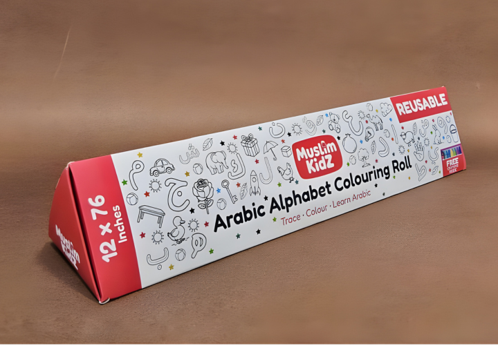 Child happily colouring the Arabic Alphabet Colouring Roll with included crayons, showing the reusable surface and clear letter outlines.