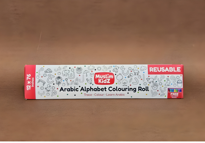 Muslim KidZ Arabic Alphabet Colouring Roll 12x76 inches with free crayons, fun reusable learn Arabic activity for kids.