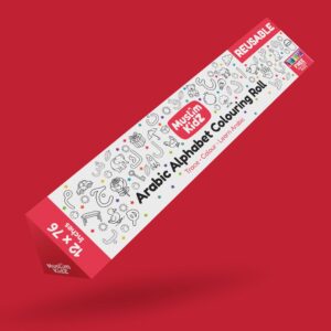 Child happily colouring the Arabic Alphabet Colouring Roll with included crayons, showing the reusable surface and clear letter outlines.