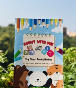 "A colorful children's bilingual numbers tracing book cover featuring English and Arabic numerals, with pencils and cute animal characters."