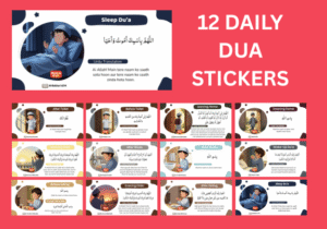 12 daily Dua Stickers Kids Roman Urdu set featuring essential daily supplications for children's Islamic learning, with Arabic text and Urdu translation.