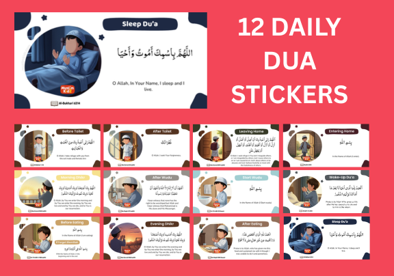 A collection of 12 Daily Dua Stickers Kids with English and Arabic text, featuring child-friendly illustrations for essential prayers like wake-up, sleep, and eating duas.