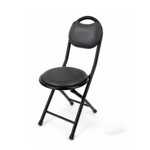 Black folding chair designed for Hajj and Umrah pilgrims for comfort during Islamic pilgrimage