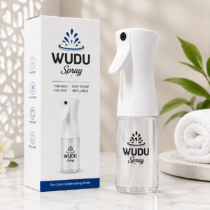 Portable wudu spray bottle for Hajj and Umrah pilgrims, ideal for ritual purification during travel
