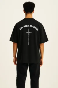 Abu Bakr Al-Siddiq oversize Islamic t-shirt for Muslim men, featuring Islamic design and print