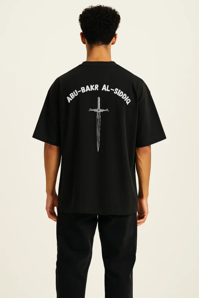 Abu Bakr Al-Siddiq oversize Islamic t-shirt for Muslim men, featuring Islamic design and print