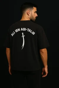 Oversize Islamic T-shirt featuring Ali Ibn Abi Talib name, perfect for Muslim men seeking modest fashion