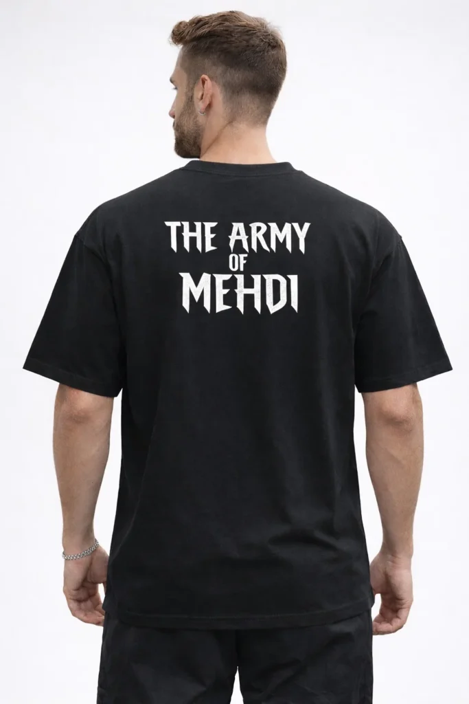 Army of Mehdi oversized Islamic graphic t-shirt featuring Zulfiqar sword print design for Muslim men