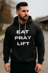 Eat Pray Lift Islamic hoodie in 350 GSM premium heavyweight fabric – stylish Muslim streetwear