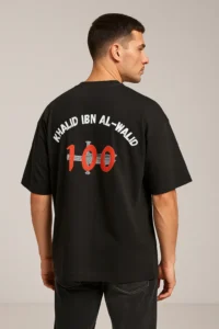 Black oversized Islamic t-shirt featuring Khalid Ibn Al Walid design for Muslim men