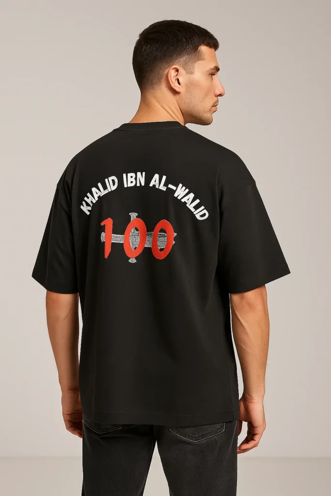 Black oversized Islamic t-shirt featuring Khalid Ibn Al Walid design for Muslim men