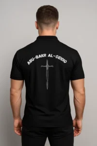 Islamic polo t-shirt featuring Hazrat Abu Bakr Al-Siddiq R.A name, ideal for Muslim men and boys