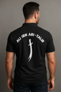 Islamic polo t-shirt featuring Hazrat Ali Ibn Abi Talib R.A. name, ideal for Muslim men and youth