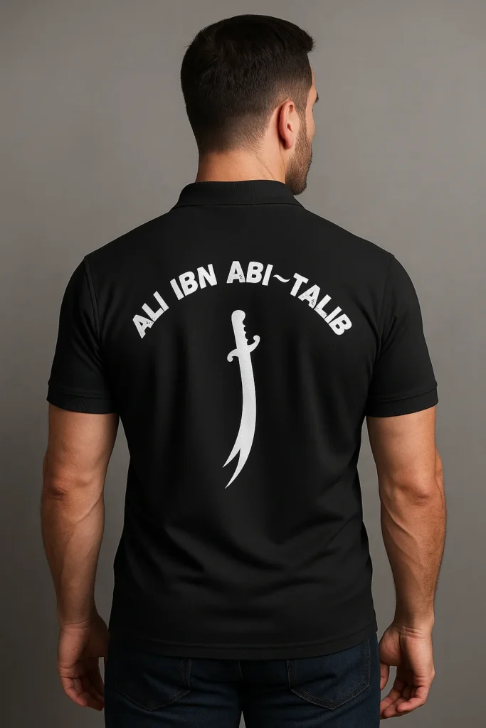 Islamic polo t-shirt featuring Hazrat Ali Ibn Abi Talib R.A. name, ideal for Muslim men and youth