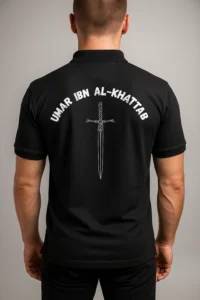 Islamic polo t-shirt featuring Hazrat Umar Ibn Al Khattab R.A. name, Muslim clothing for men