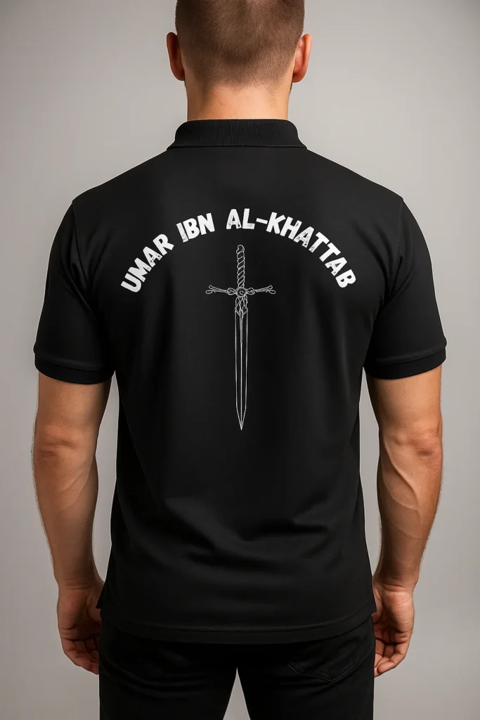 Islamic polo t-shirt featuring Hazrat Umar Ibn Al Khattab R.A. name, Muslim clothing for men