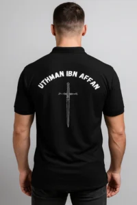 Islamic polo t-shirt featuring Hazrat Uthman Ibn Affan R.A. name, ideal for Muslim men and youth