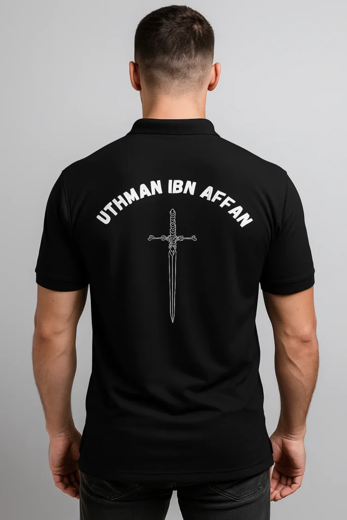Islamic polo t-shirt featuring Hazrat Uthman Ibn Affan R.A. name, ideal for Muslim men and youth