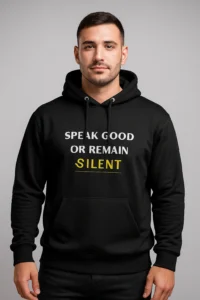 Premium 350 GSM Islamic hoodie with Speak Good or Remain Silent hadith quote for Muslim men
