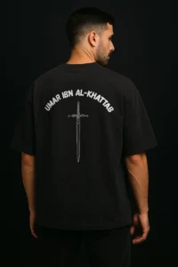 Islamic t-shirt featuring Umar ibn al Khattab sword design for Muslim men and boys