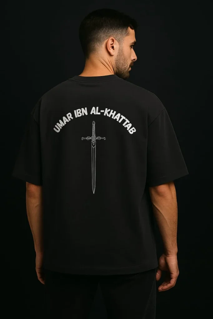 Islamic t-shirt featuring Umar ibn al Khattab sword design for Muslim men and boys