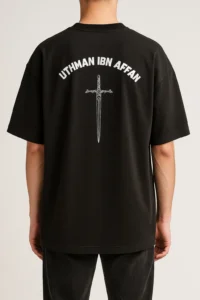 Oversize Islamic T-shirt featuring Uthman ibn Affan, perfect for Muslim men seeking modest fashion